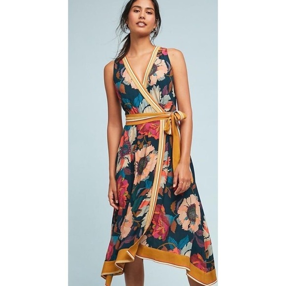 Anthropologie MAEVE Botanica Floral Dress Handkerchief Hem Faux Wrap Size 2 - Picture 5 of 16